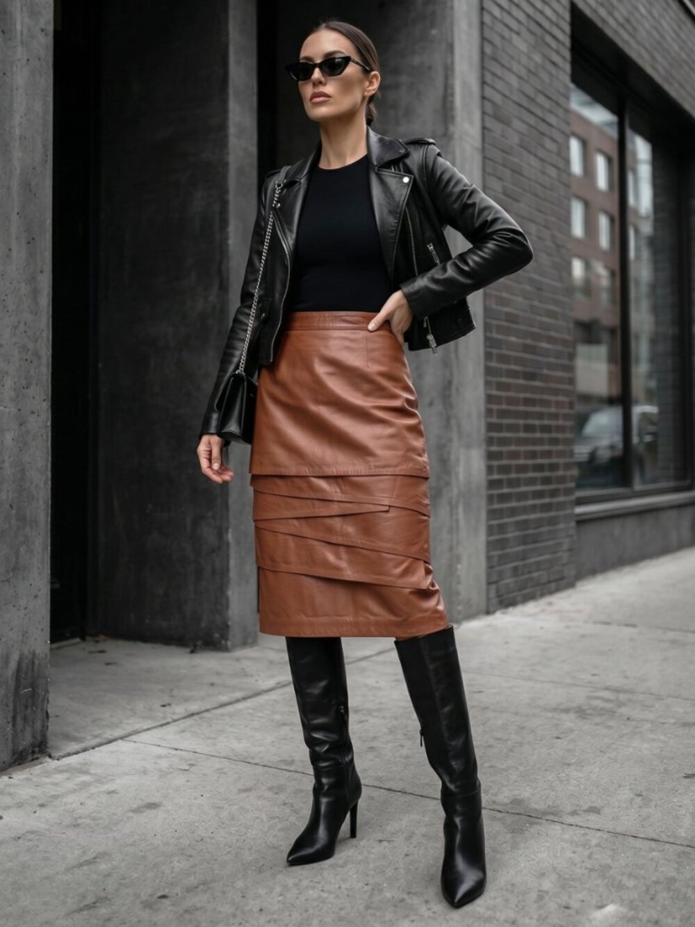 Vintage Genuine Leather Layered Skirt Red Brown 12/L